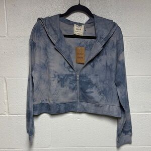 Style Rack Blue Gray Tie-Dye Waffle Knit Cropped Zip‎ Up Hoodie Womens Large NEW